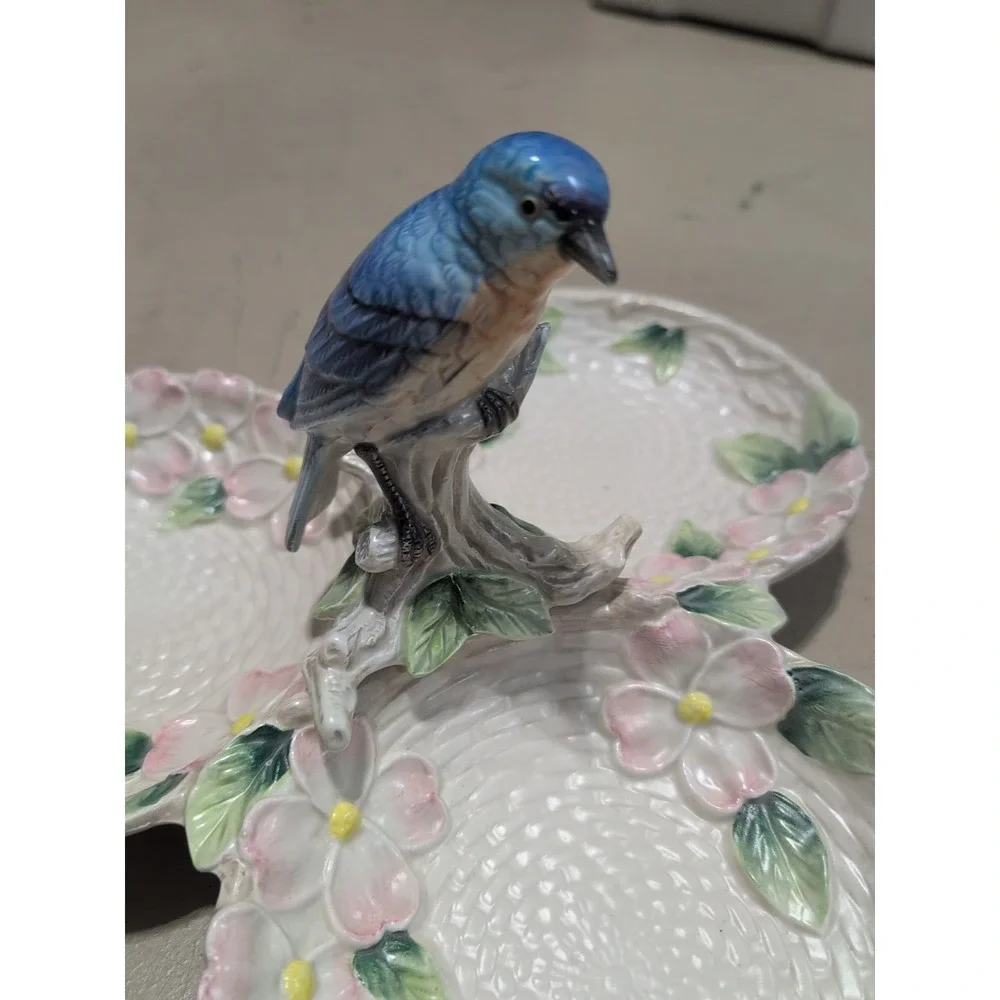 1990 Fitz & Floyd Bluebird Dogwood Flower Woven Design 3 Dish Serving Tray 12